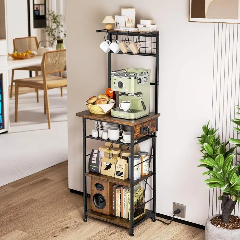 5 Tier Coffee Bar Station with Power Outlets,Bakers Rack for Small Space,Large Storage Space Coffee Cart with 4 Hooks