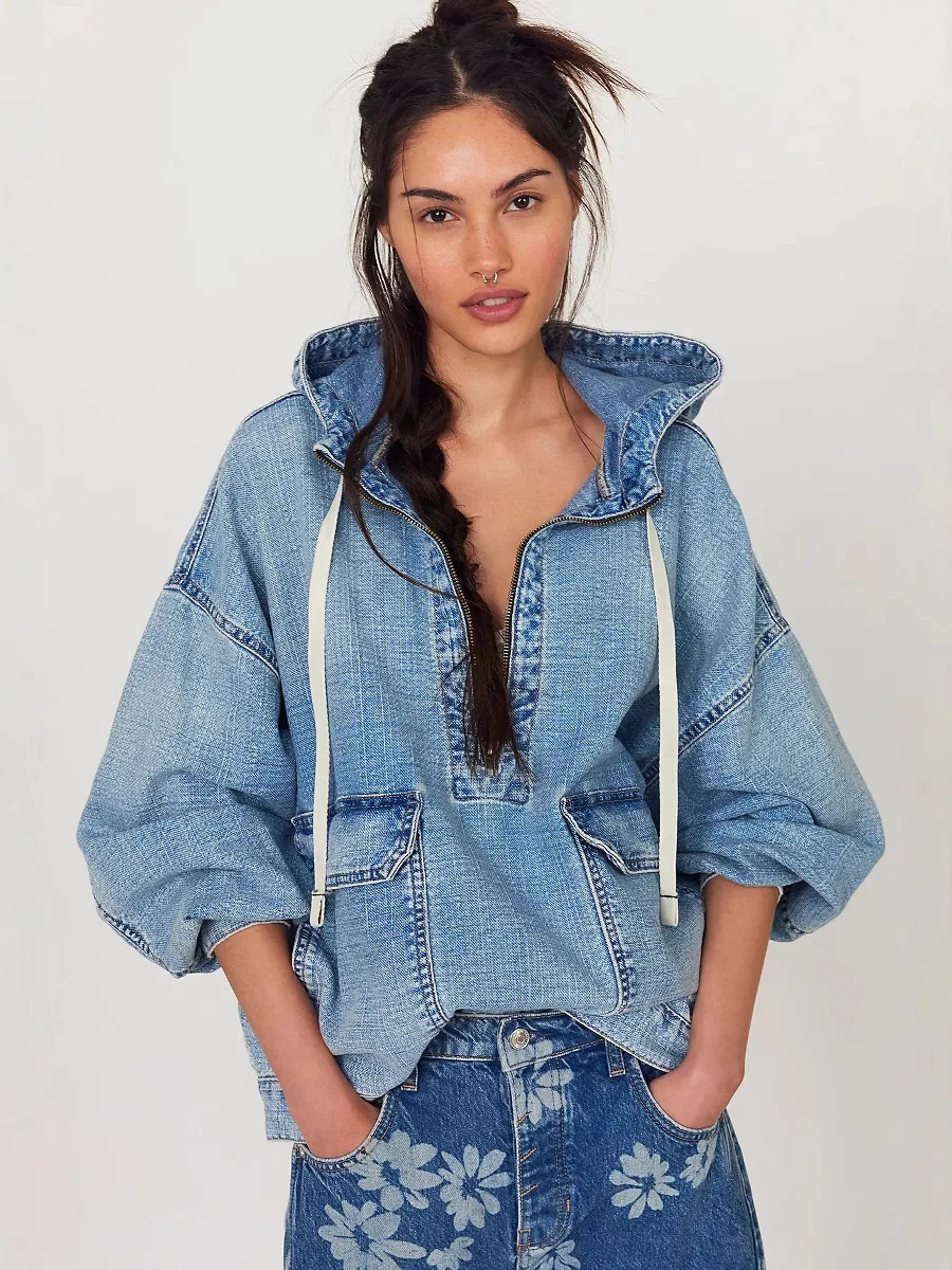 2025 Sudadera con capucha de mezclilla para mujer, jersey de gran tamaño con cuello en V, Top con media cremallera frontal, bolsillos de utilidad, mezcla de algodón, ropa de calle