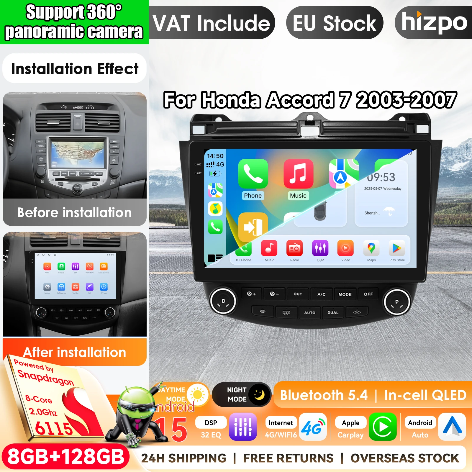 Android 15 Autoradio für Honda ACCORD 7 2003 2004 2005 2006 2007 2008 Multimedia-Player Navigation GPS Carplay Autoradio 2din mit Apple CarPlay Smart Intelligent Systems IPS Touchscreen