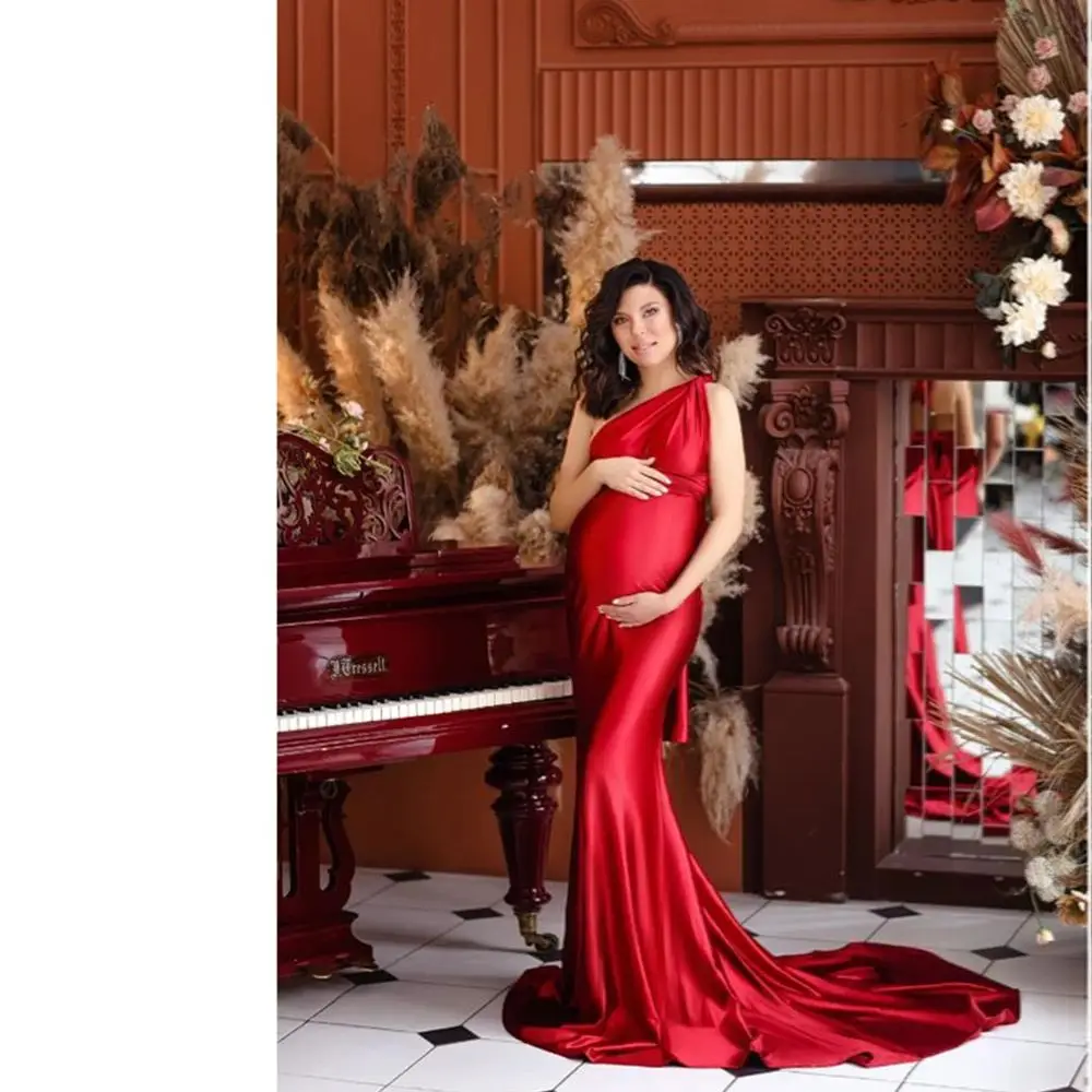 

One Shoulder Elegant Memraid Evening Dresses Red Satin Customized Pregnacy Gown for Babyshower OR Photoshoot New Maternity Dress