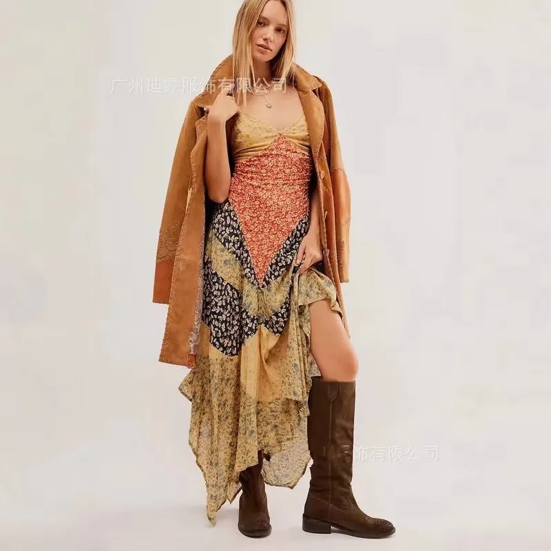 2026 Neues Damenkleid mit Unregelmäßigem Schnitt, Bedrucktes Farbblock-Kleid mit V-Ausschnitt und Spaghettiträgern, Langes Maxikleid