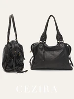 Vintage Washed PU Leather Large Capacity Tote Zip Pockets Braid Decor Shoulder Cross body Bag Unisex Women Daily Travel Handbag - Image 5
