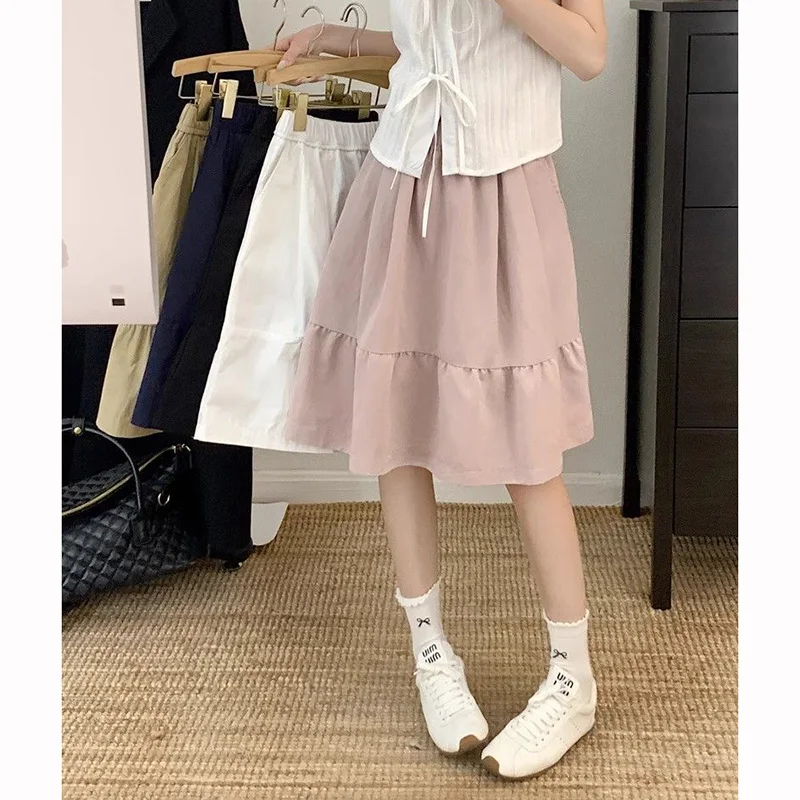 Summer Girls Chic Baggy A-line Skirts Female Korean Designer High Waist Skirts Women Fashion Classic Solid Mid-Long Dress