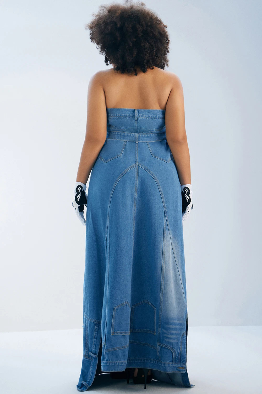 Denim Plus Size Maxi Dresses Autumn Strapless Asymmetric Hem Backless Elegant Vintage High Street Casual Jeans Dress with Blet