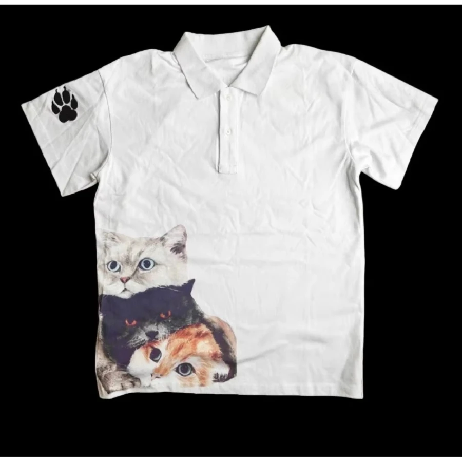 Cat Neutral White Casual Top Y2K Fashion Oversized Cat Paw Embroidery Pattern Lapel Shirt with Retro Print Cute