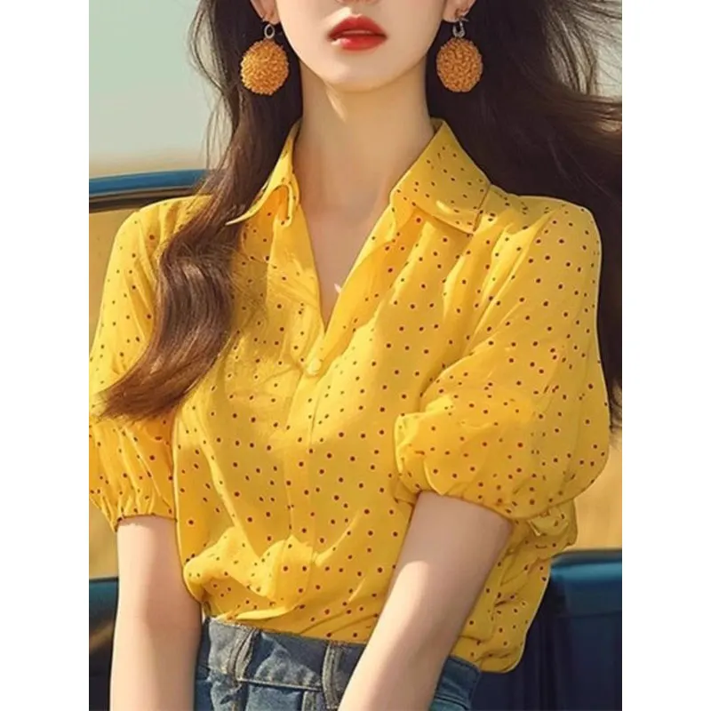 Women Clothes Summer Fashion Polka Dot Printing Short Sleeve Shirts Women's Korean Casual All-match Elegant Temperament Tops