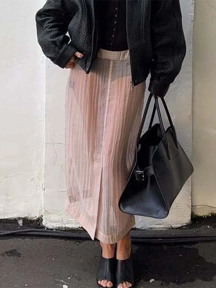 Trendix Pink Sheer Long Skirt For Women 2026 Summer Sexy Hollow Out Slit Maxi Skirts Hot Girls Vacation Beach Party Club Skirt