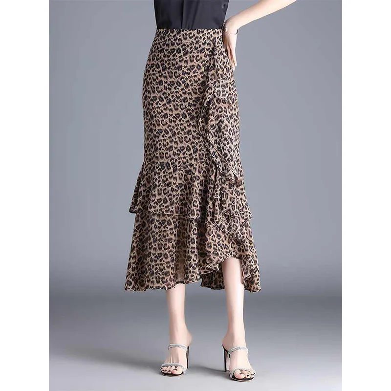 봄과 여름 여성을위한 꽃 연꽃 잎 쉬폰 스커트 새로운 불규칙한 새로운 Fishtail 중간 길이 스커트