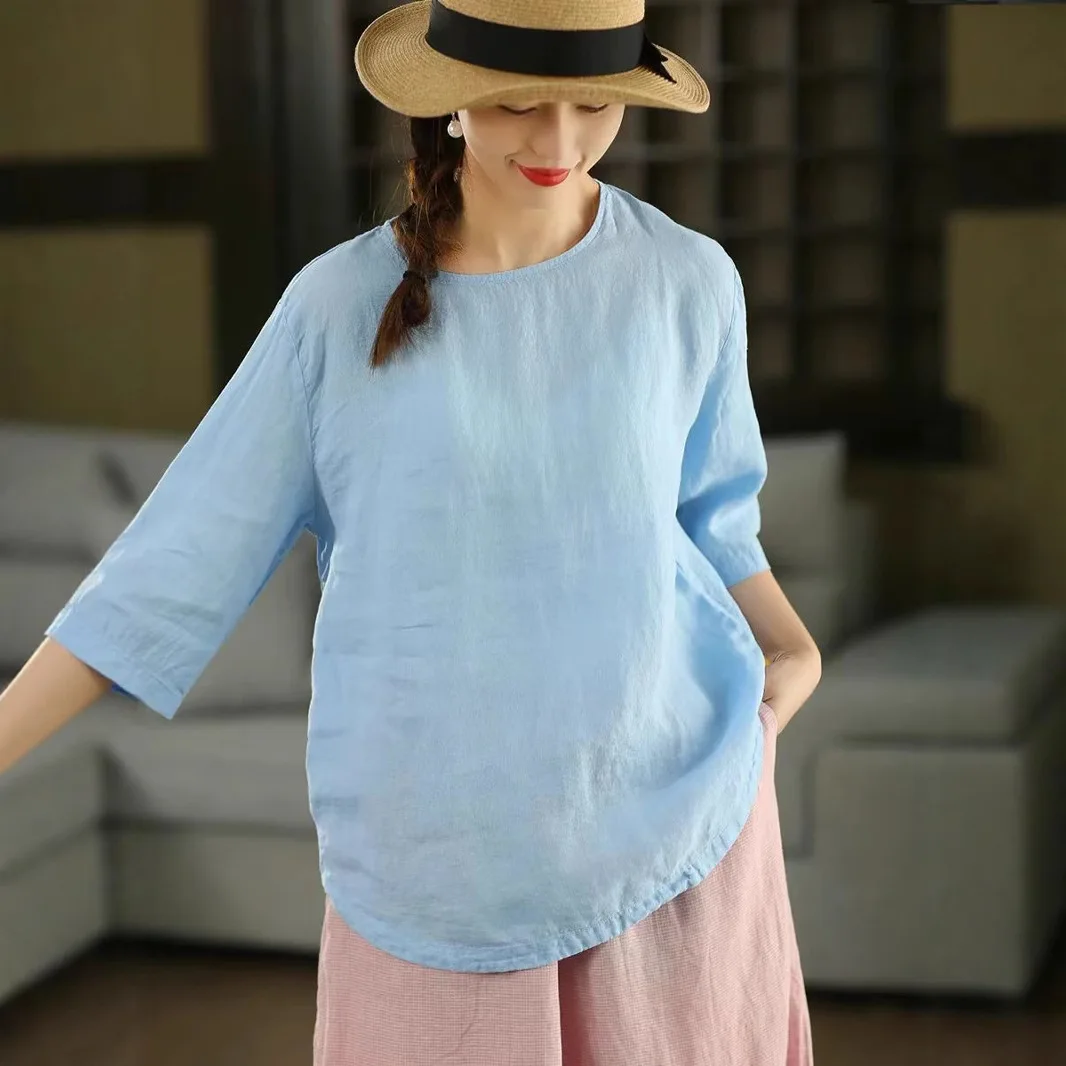 Summer Fashion Good Quality Solid Color 100% Linen T-shirt Women's Three Quarter Sleeve O-neck Loose Casual Breathable Tops