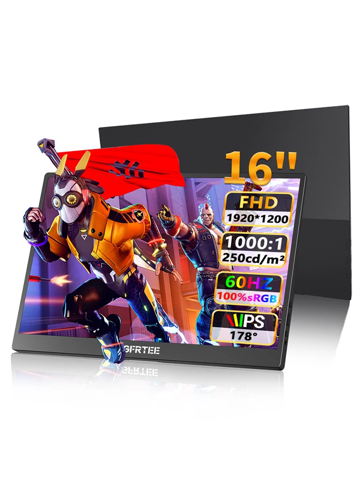 HGFRTET 16-Zoll tragbarer Monitor, FHD 1200P IPS 100 % sRGB 300 cd/m², Adaptive Sync (FreeSync), externer zweiter Bildschirm Typ-C HDMI mit VESA-Loch, verstellbare Halterung für Büro, Gaming, Reisen,