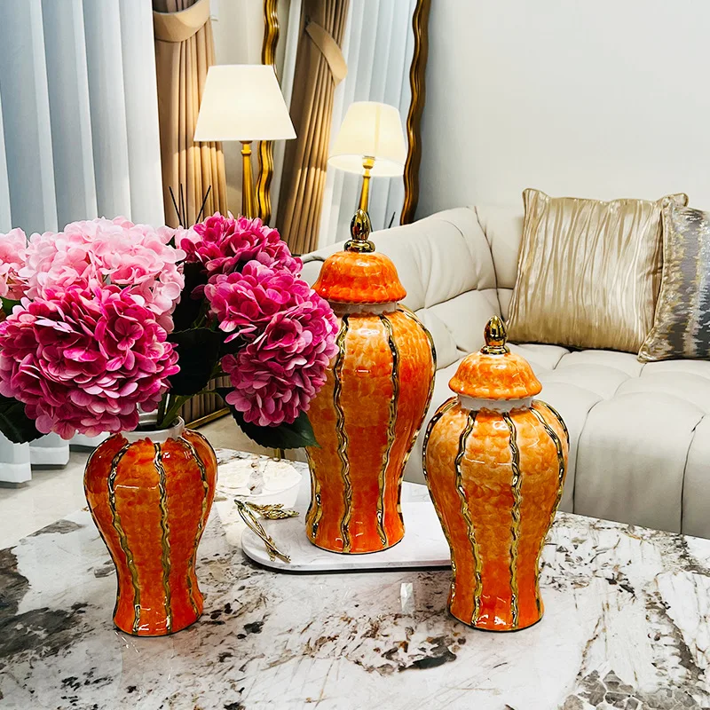 

Ceramic General Jar Orange Glaze Stripes Ginger Porcelain Handicraft Ornaments Flower Vase Home Decoration Accessories