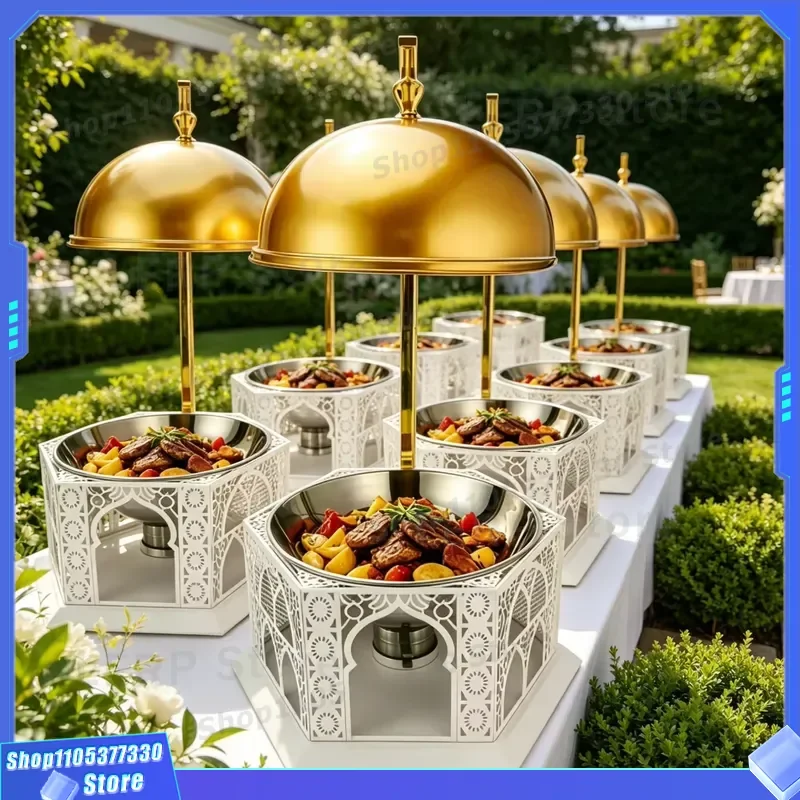 Luxury 8L Round Stainless Steel Food Warmer Gold White Alcohol Heating Buffet Server with Suspended Lid New Design for Party