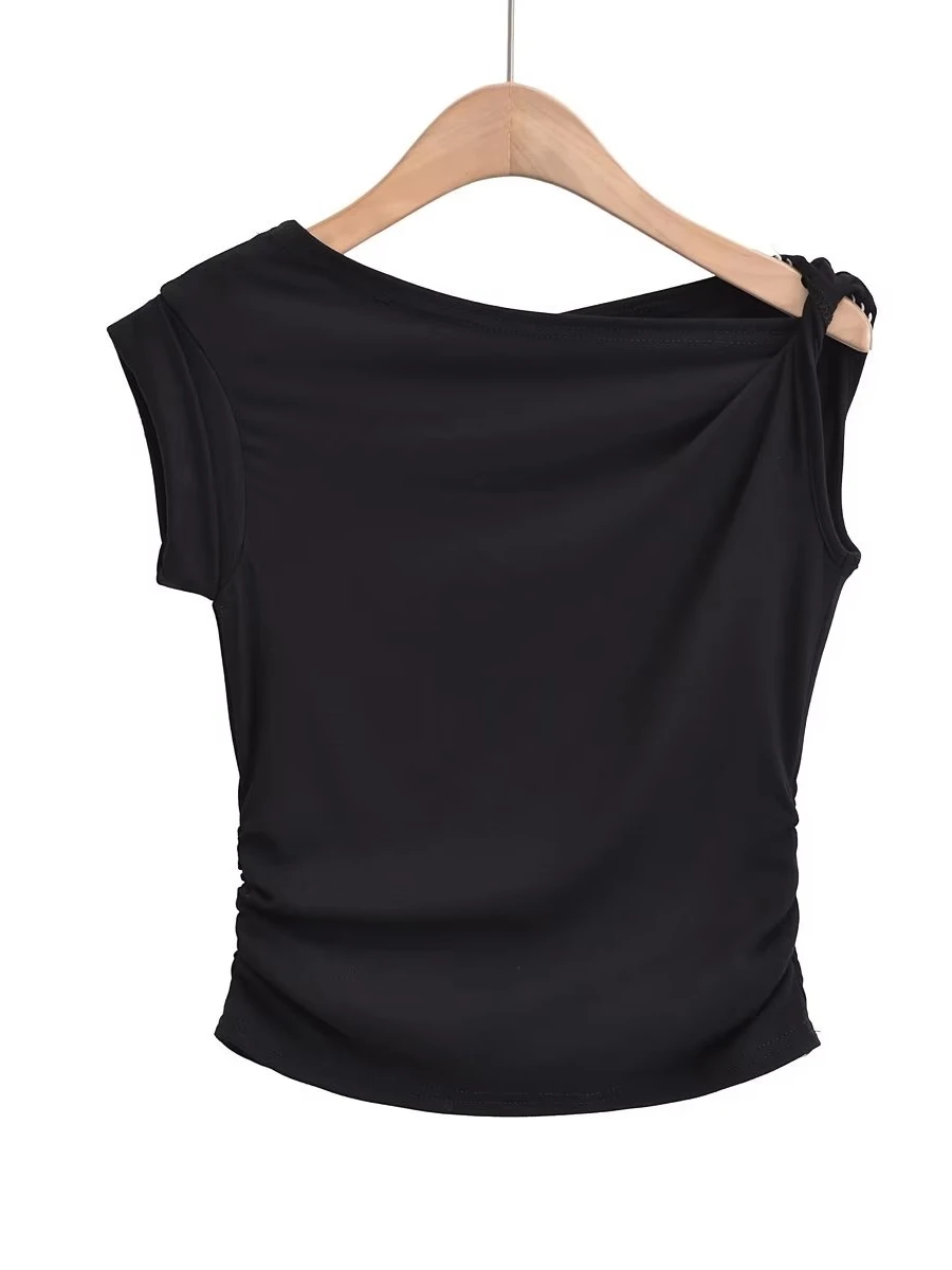 Summer Slim Fit Short Sleeve T-Shirt Sexy Clavicle Baring Twist Neck Design Commute Style Pure Desire  Top for Women