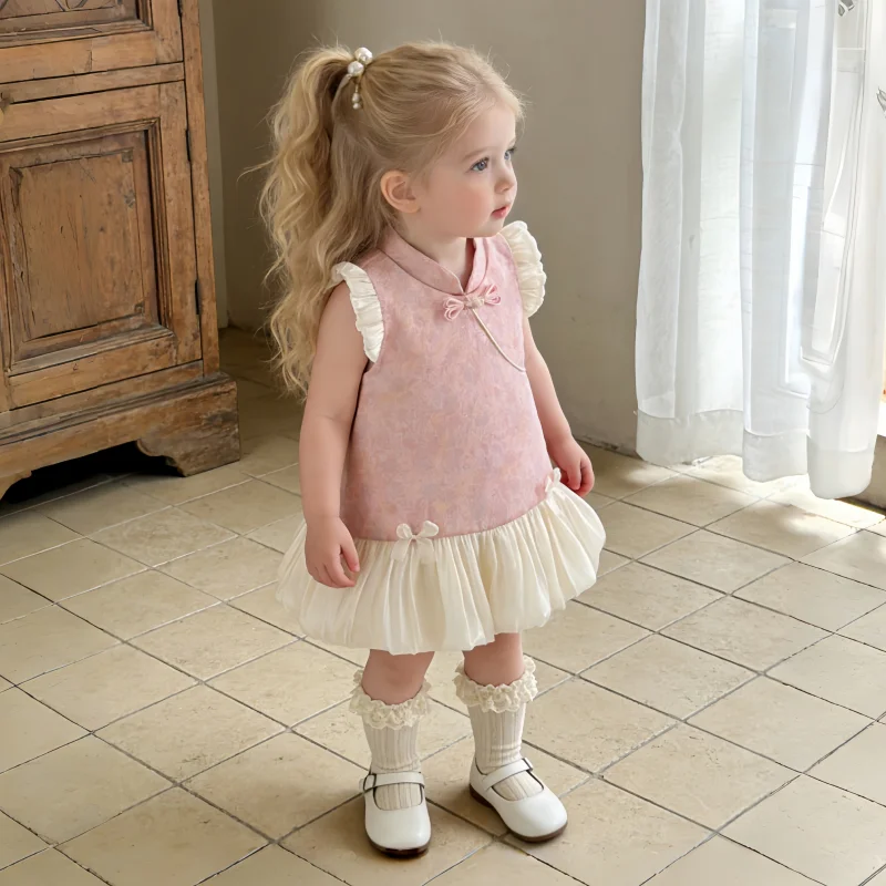Baby Girl Dress Summer Cotton Bow And Chinese Style Small Flying Sleeves Baby Dresses Cute And Casual Girls' Clothing