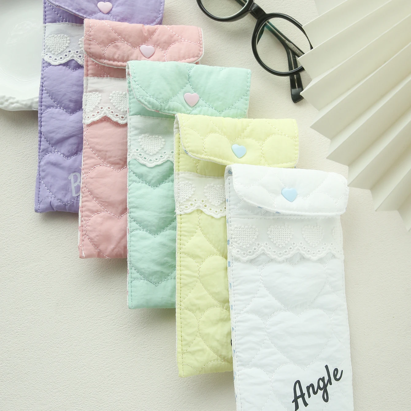 Personalized Name Fabric Storage Bag Customized Letter Glasses Bag Cute Button Storage Box Lace Quilted Gift Travel Accessories