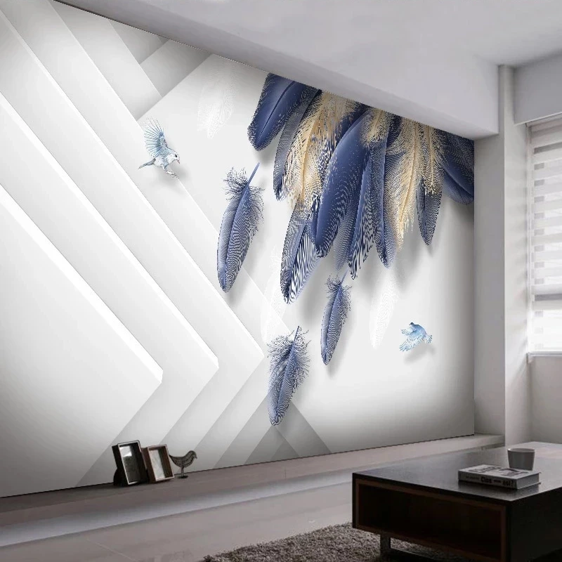 Custom 3D Wallpaper Modern Fashion Golden Blue Feather Geometric Mural Living room sofa TV background wall bedroom restaurant 8d