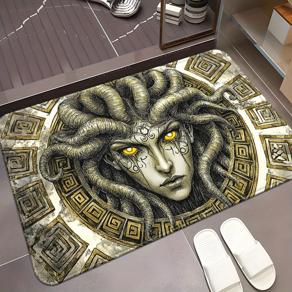 1pc 2D Flat Medusa Greek Mythology Gold Pattern Flannel Area Rug Non Slip Fantasy Art Carpet For Living Room Bedroom Floor