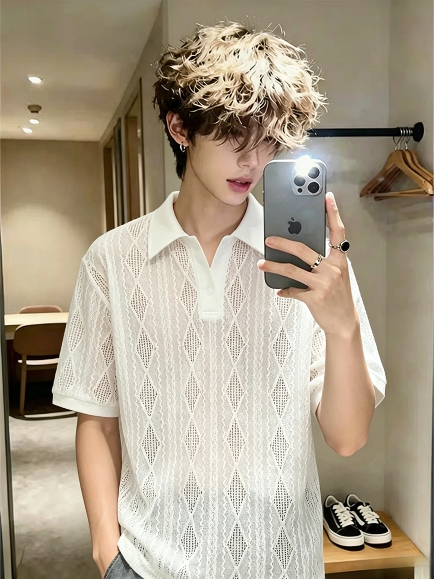 Men's Knitted Hollow  Shirt Short Sleeve Summer Cleanfit Old Money Style Texture Sensation Shoulder T-Shirt Breathable So...