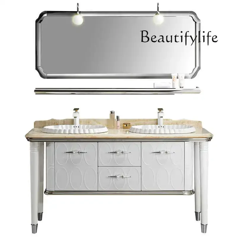 Design French floor to ceiling bathroom cabinet retro stainless steel washbasin cabinet custom double basin marble