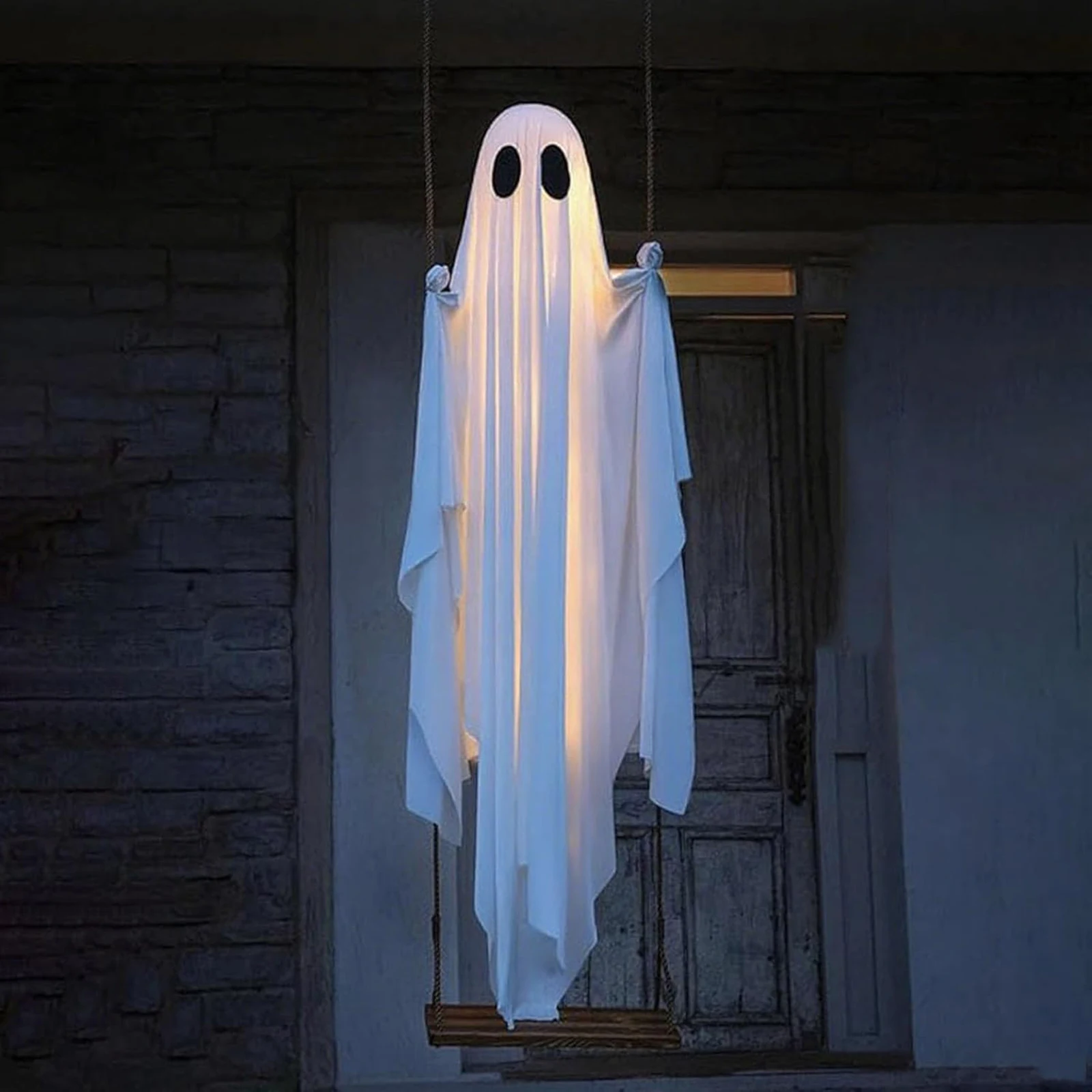 6FT Large Hanging Swing Ghost Halloween Decoration Cute White Ghost with String Light Spooky Ghost Ornament for Porch Yard Trees