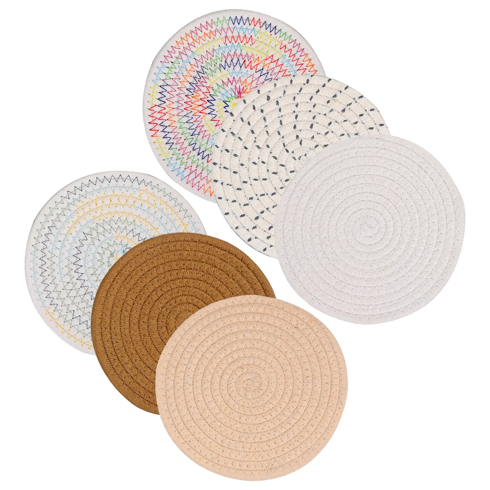 

6pcs Cotton Coasters Set Round Woven Drink Coasters For Hot Cold Drinks Tabletop Protection Home Office Cafe Decor Household