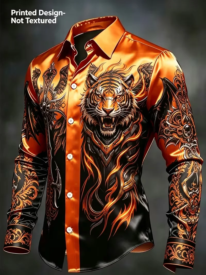 New men's gold fluid marble texture printed long sleeved shirt with satin drape and a fitted collar for men's top