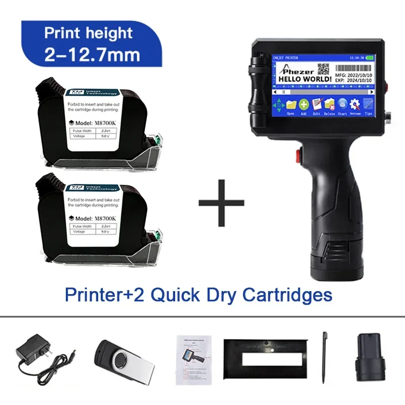 Phezer 12,7/25,4 mm labelprinter Handheld inkjetprinter QR Bar Batchcode Datumnummer Logo Vervaldatum Coderingsmachine Draagbaar