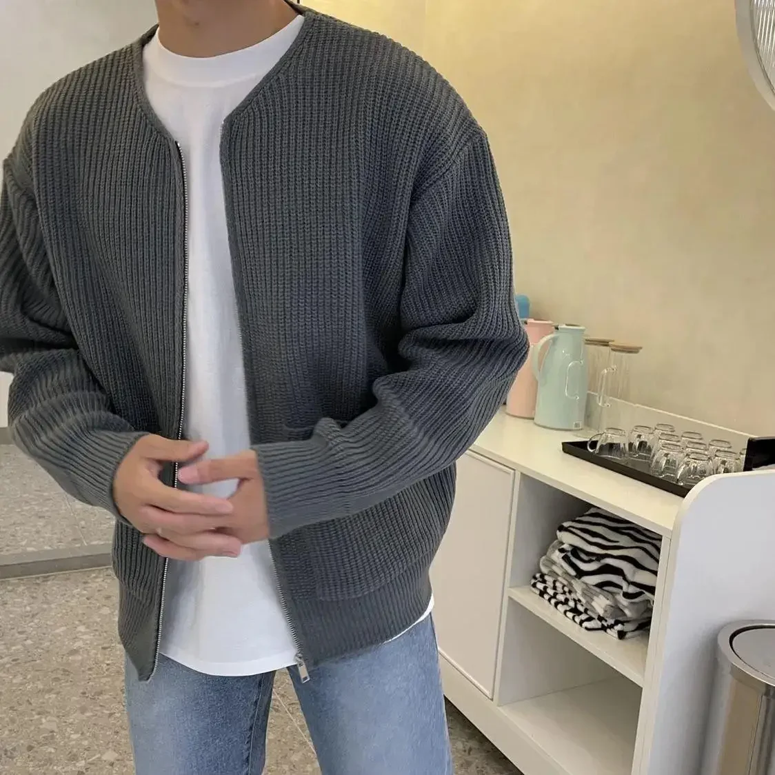 Autumn Winter Sweater New Fashion Trend Cardigan Men's Solid Loose Casual Zipper Knitted Coats Japanese Jumper Home Clothes