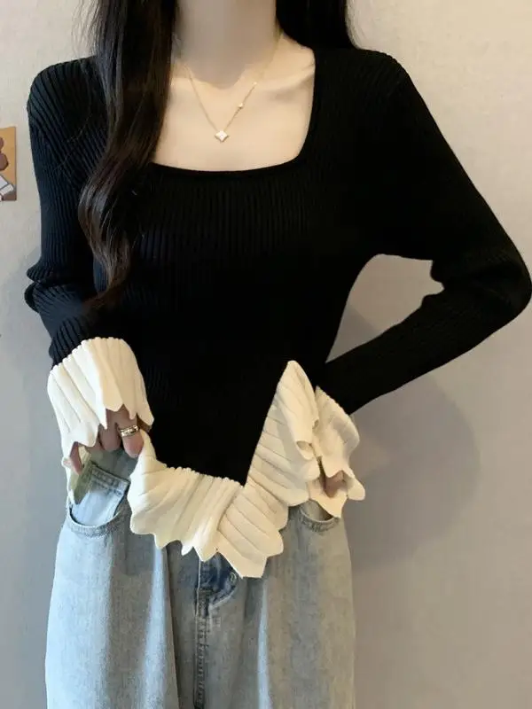 

plus Size Square Collar Long Sve Knitted Sweater Women's Spring Autumn Winter Sle Meat Conceal Slimming Uneven Bla Top
