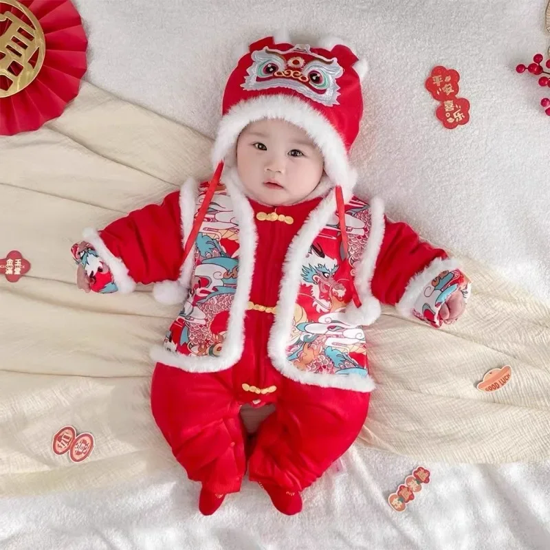 2025 Baby New Year Dress Festive Cute Onesie Baby Winter Full Moon 100 Days Old Dress Newborn Fun New Year Outside