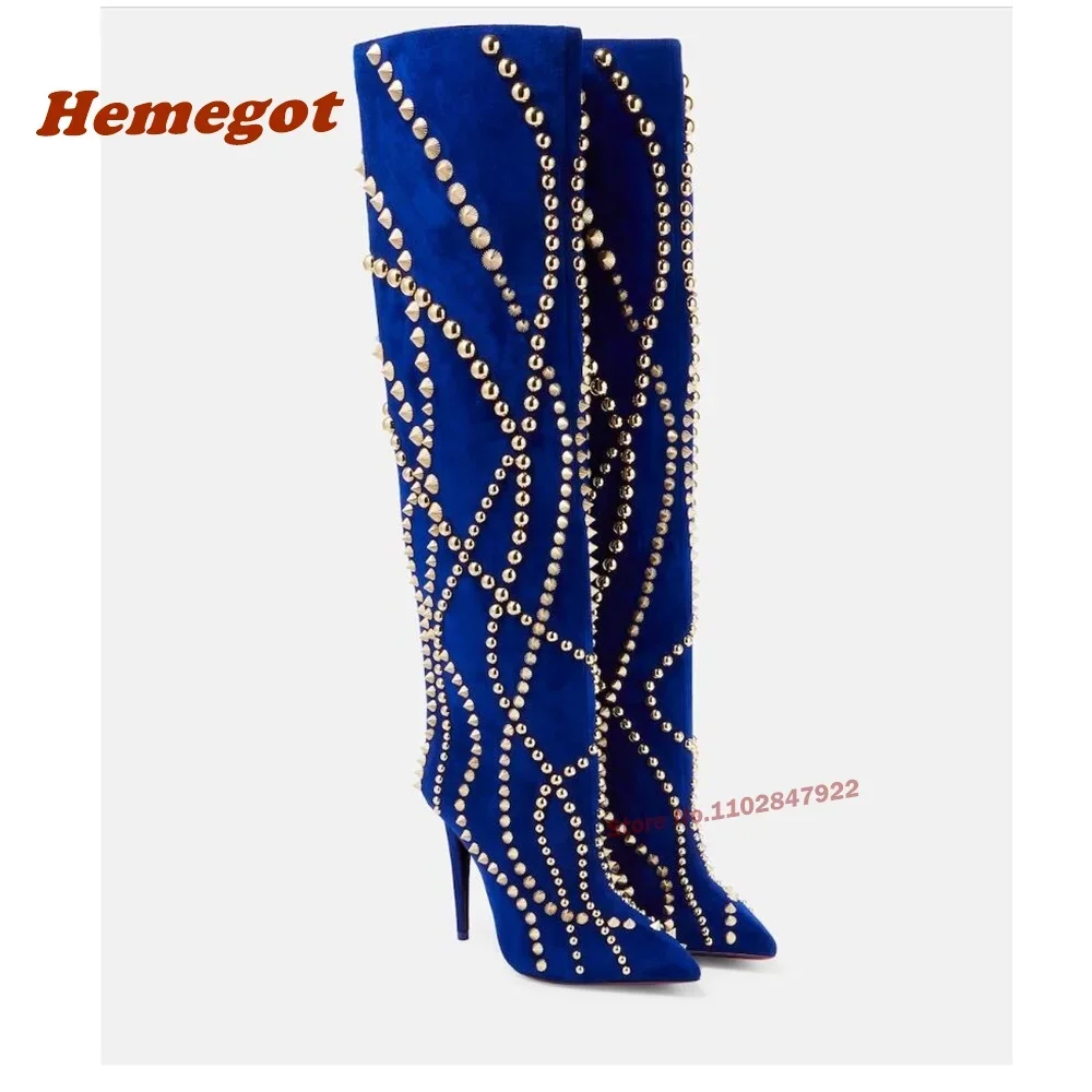 Stud Spike Heels Stiefeletten spitzen Zehen Kalb Leder Niet Wildleder Luxus Damen stiefel Winter Marke lange Schuhe sexy lässig sexy