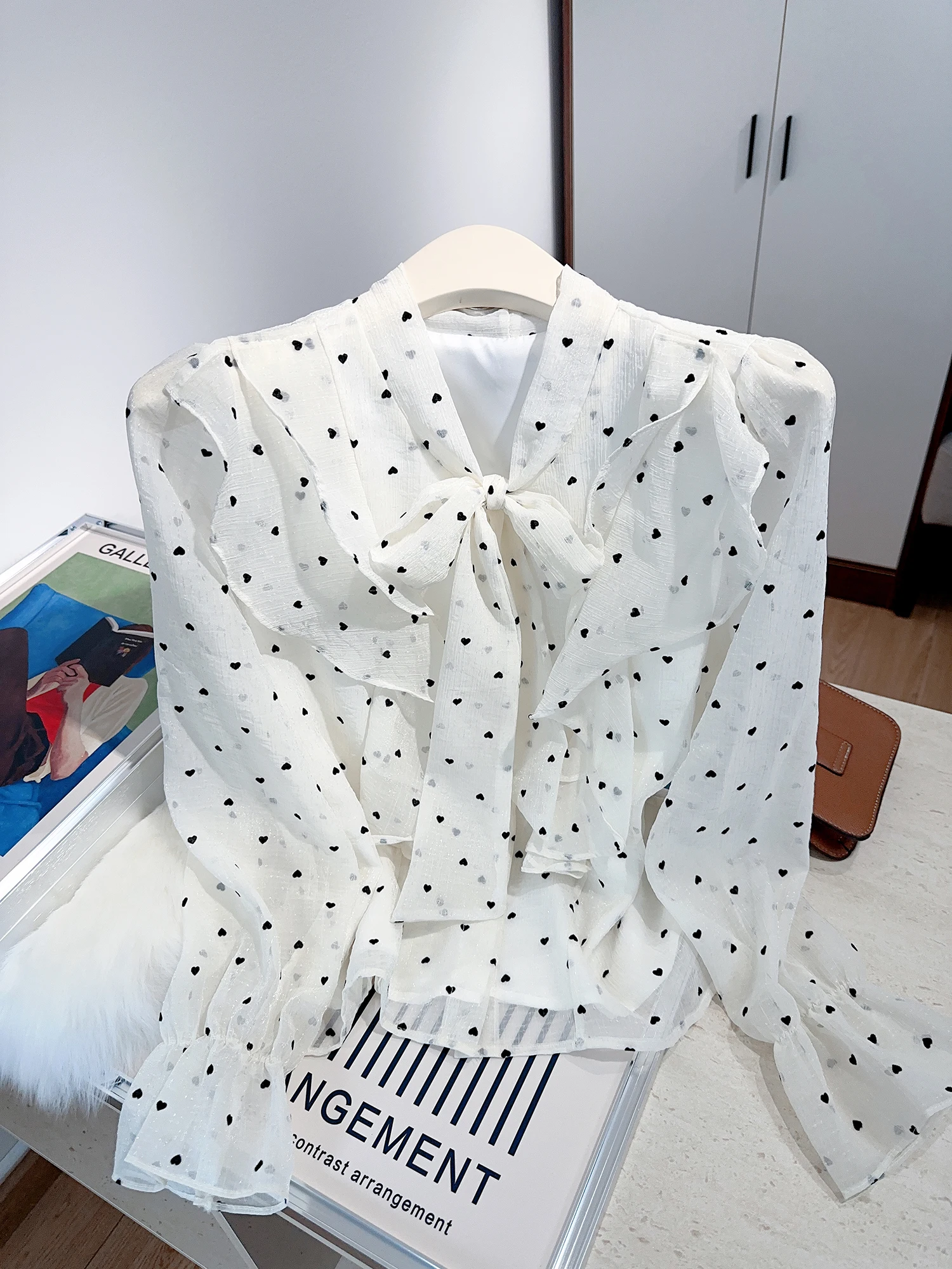 

Elegant Long Sleeve Women's Shirt Spring Summer Original Design Loose Fit Polka Dot Knot Chiffon Top Versatile Outfit