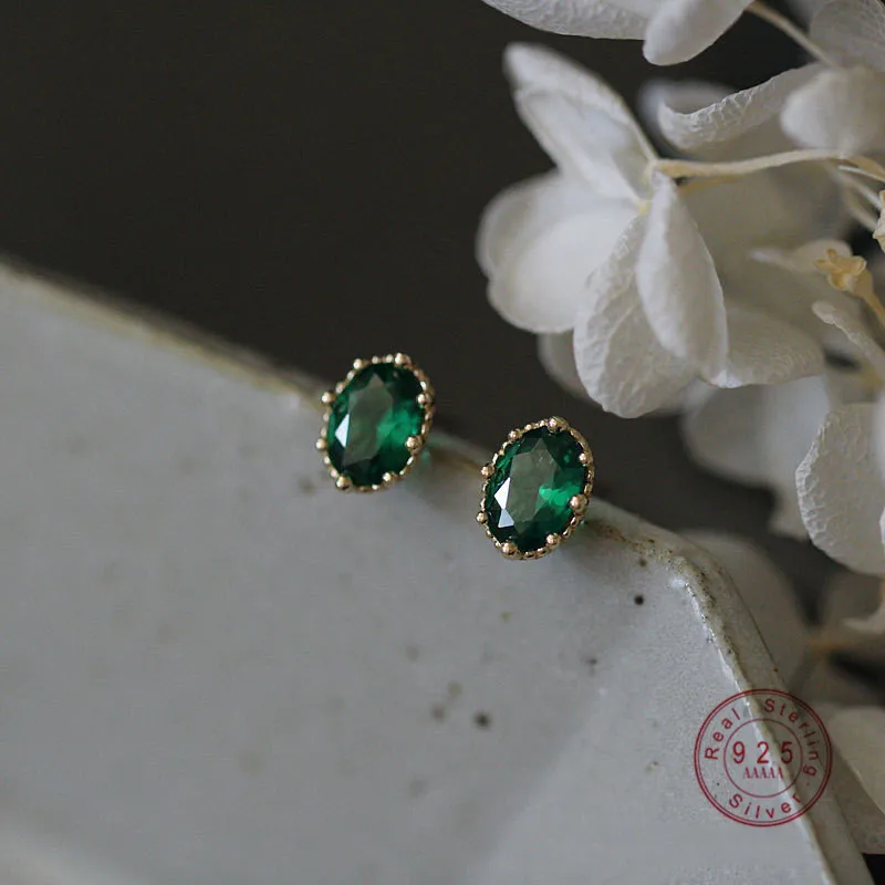 Small Emerald Oval Zircon Stud Earrings Women 925 Sterling Silver Vintage Temperament French Wedding Bridesmaid Jewelry