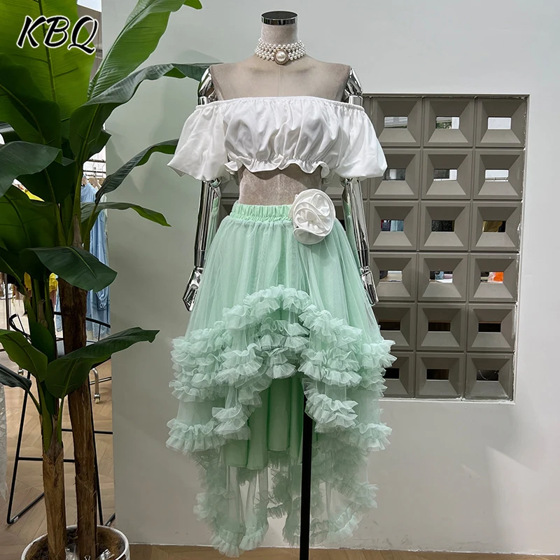 

KBQ Sexy Two Piece Sets For Women Slash Neck Off The Shoulder Sleeve Top High Waist Spliced Appliques Skirt Chic Set Female New