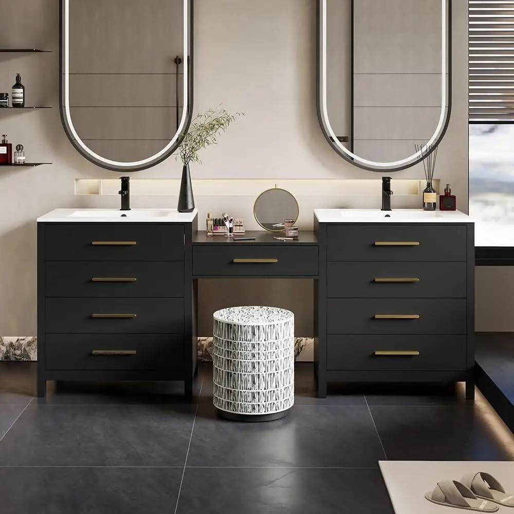 84 Inch Bathroom Vanity Sink Combo Modern Double Vanity with Makeup Desk 5 Drawers Storage Cabinet Sturdy MDF Construction