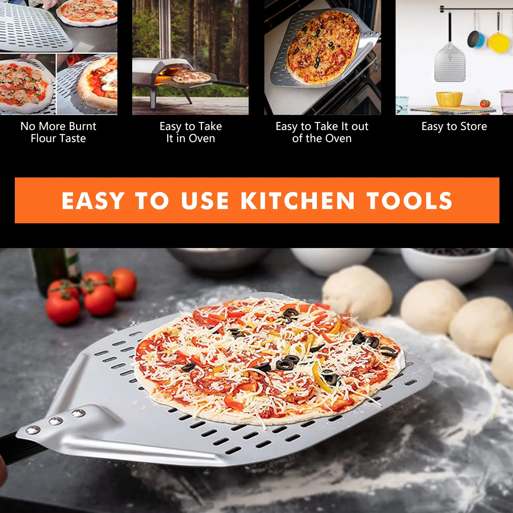 A20F-Dural Punching Pizza Shovel Connecting Pizza Shovel Thick Oven Flipping And Transferring Pizza 16-Inch Handle