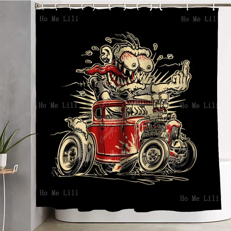 Monster Vintage Hot Rod Giving Finger Cartoon Car By Ho Me Lili Decorate Shower Curtains For Family Toilets