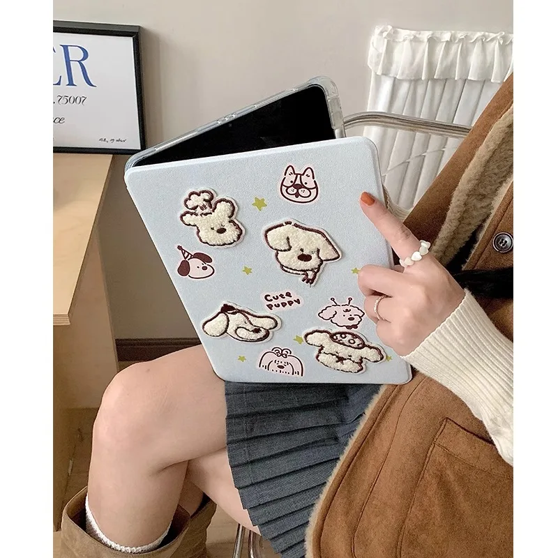 Cartoon Embroidery Puppy Table Case For Ipad Air11 13 2024  Pro 11 13  12.9 M4 Air4 Air5 10.9 10.5 10.2 9.7 Protective Cover