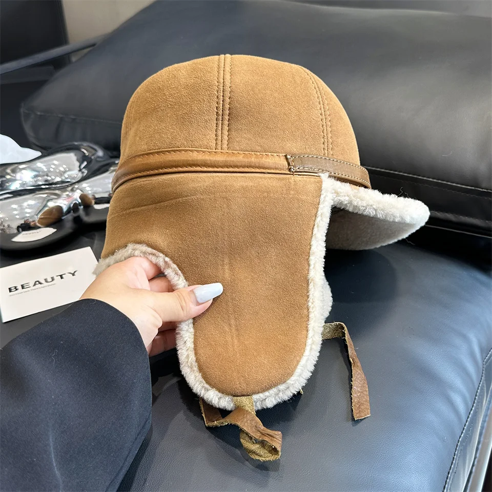 Neue Winter Herren Echtleder-Mütze mit Lammfell, Warme Dicke Ohrenklappe, Herren-Baseballkappe aus Schafsfell, Russische Mütze – Detail 5