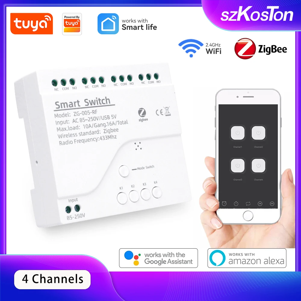 

4CH Tuya Zigbee Smart Light Switch Module AC 85-250V RF433 Receive 10A Relays Work With Alexa Assistant Tuya Smart Life