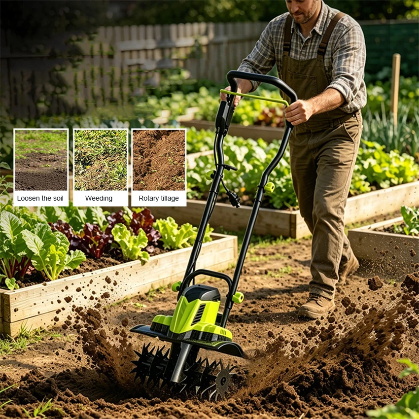 1600W Mini Tiller Electric Plough Machine Cultivator Scarifier Garden Household Soil Ploughing Digging Loosening Equipment 36cm