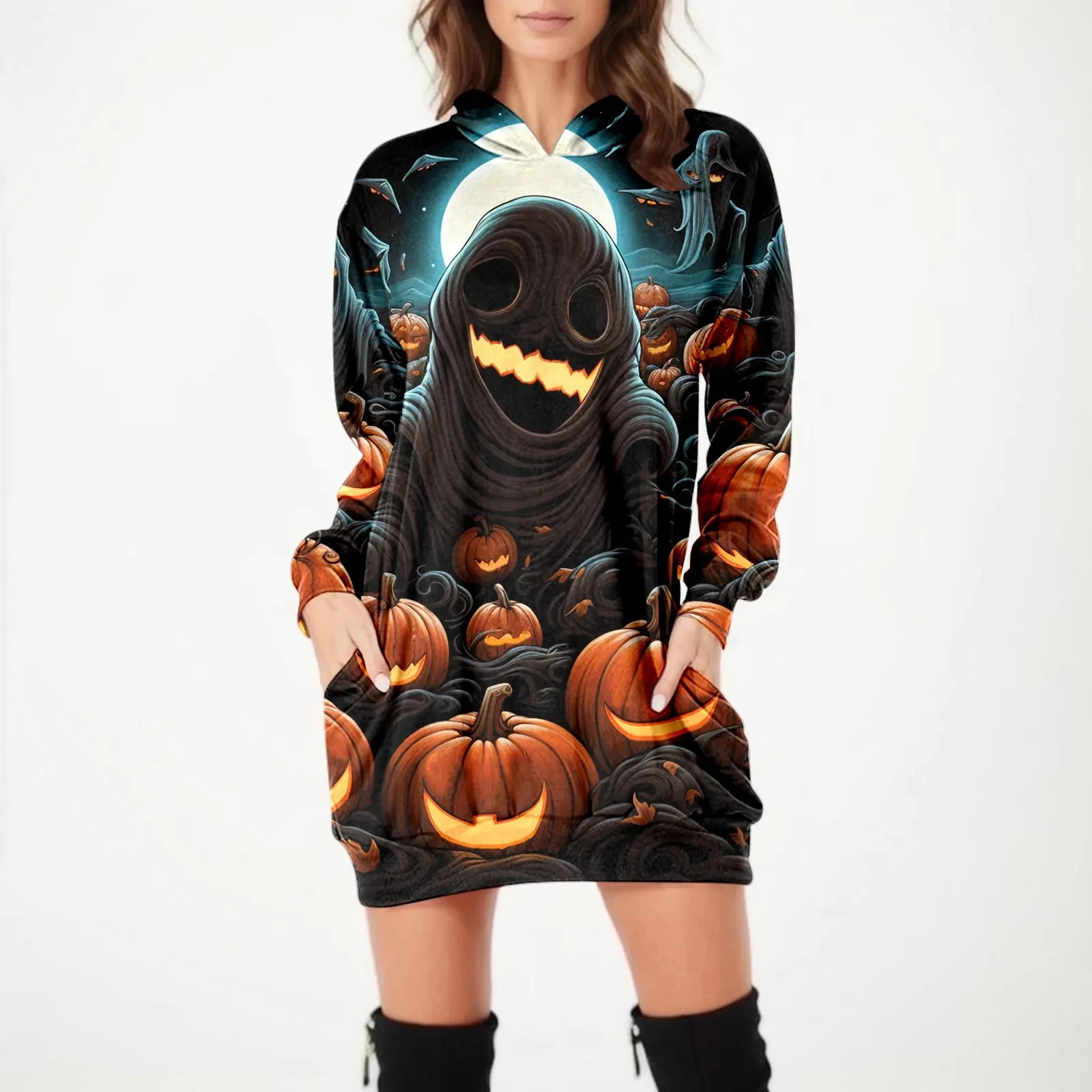 Robe d'Halloween à capuche imprimée pour femme, sweat à capuche fantôme, pull à manches longues, t-shirt d'hiver, automne, 03/entraînement