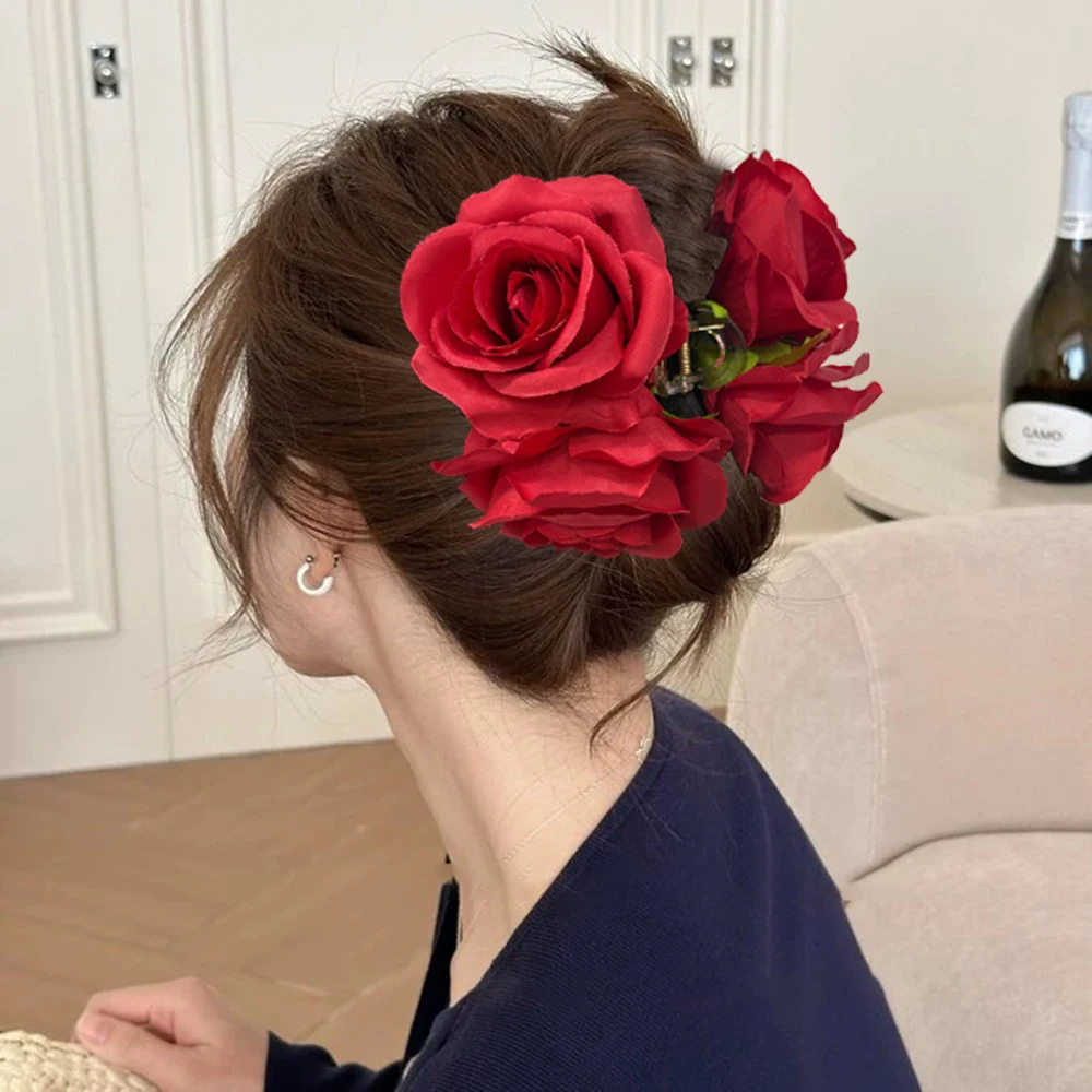 

Заколка-краб для волос AWAYTR, большая, с красными розами, для женщин и девочек, заколка-зажим, аксессуар для волос