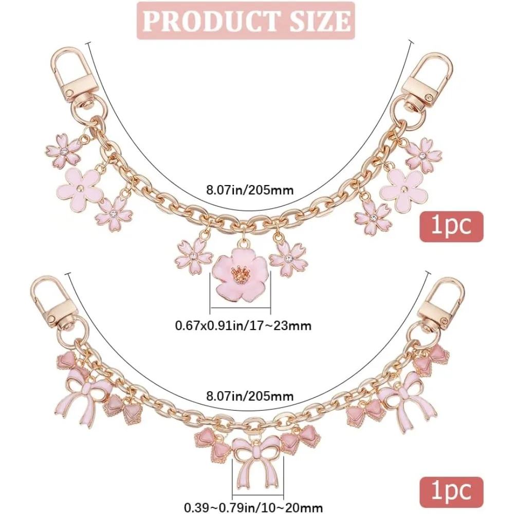 2Pcs 2 Styles Purse Chain Strap Replacement Flower Purse Extender Gold Decorative Bag Chain Enamel Pink for Wallets