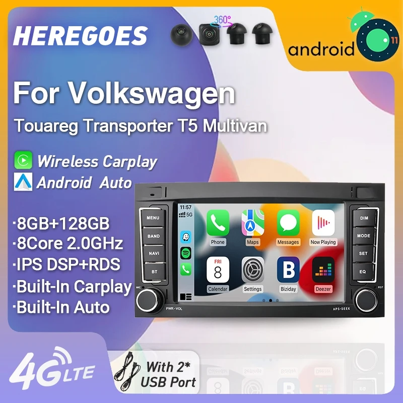 360 Camera 2 Din Android 11 Car Radio Multimedia Player For Volkswagen VW Touareg T5 Transporter Carplay GPS Navigation 8G+128G