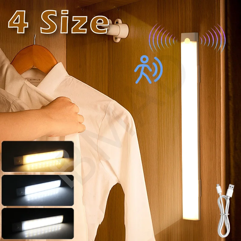 Motion Activated LED Bar USB Rechargeable Magnetic Night Light for Kitchen Cabinet Bedside Room Portable Sensor Lamp
