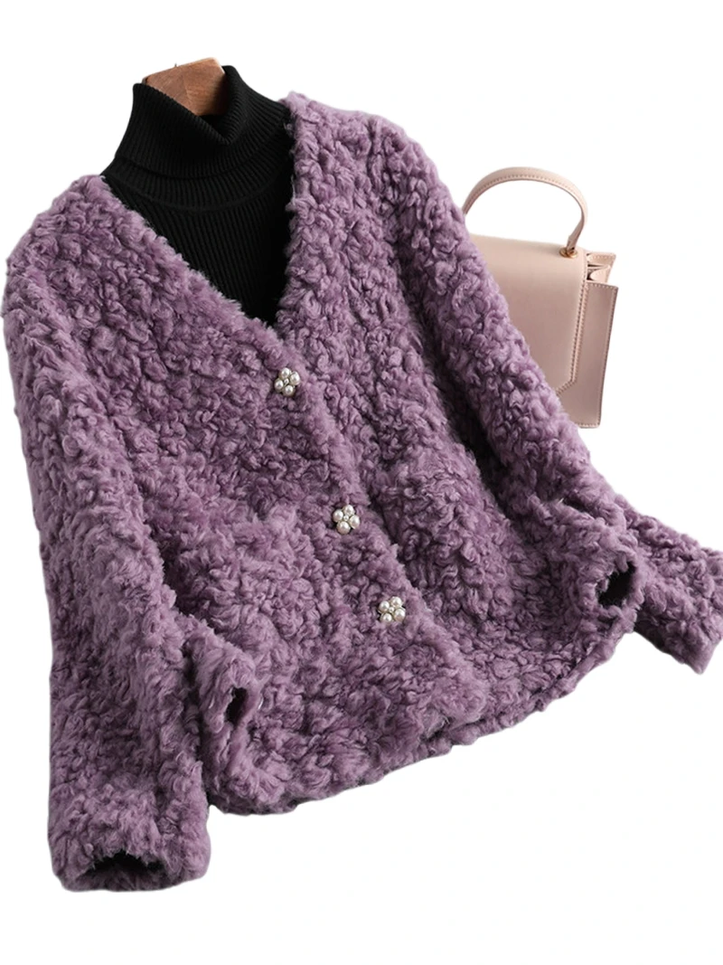 Haining sheepskin cut fur Coat for Women, short style 2025 New V-neck composite fur one-piece all-lambskin coat