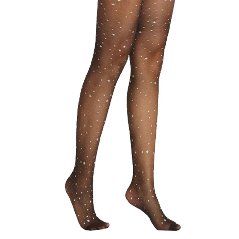 

MXMB Women Thin Pantyhose Glitter Star Sequins Pattern Sheer Black Tights Socks