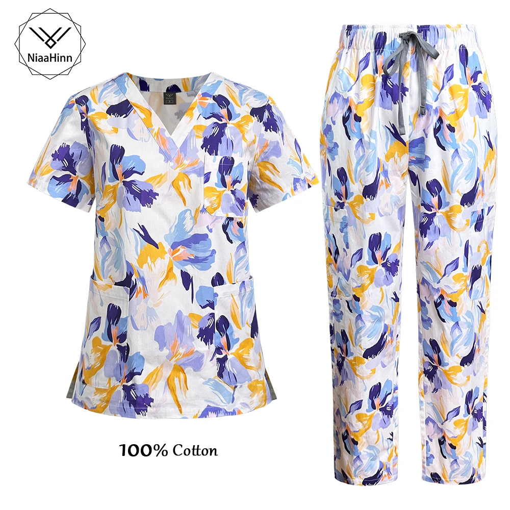 Niaahinn Nurse Uniform Unisex Printed 100% Cotton Top and Pants Two-piece Sets Breathable Soft Nursing Clothing Doctor Work Wear