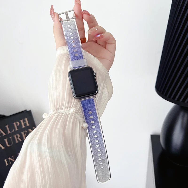 Gradient Glitter Silicone Strap for Apple Watch Band 44mm 40 45 41 46 42 49 38mm Women Bracelet iWatch Series SE 10 9 8 7 6 5 4
